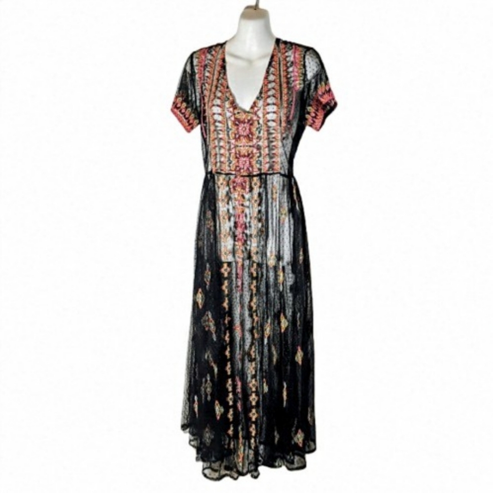 Sundance Womens Embroidered Mesh Maxi Dress Sheer Black Boho Western Size PS